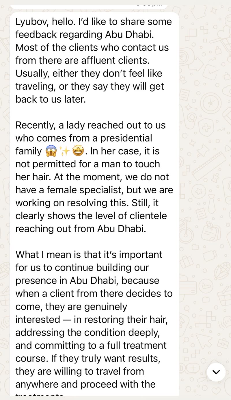 Client WhatsApp message about attracting affluent Abu Dhabi clientele who commit to full treatment courses.