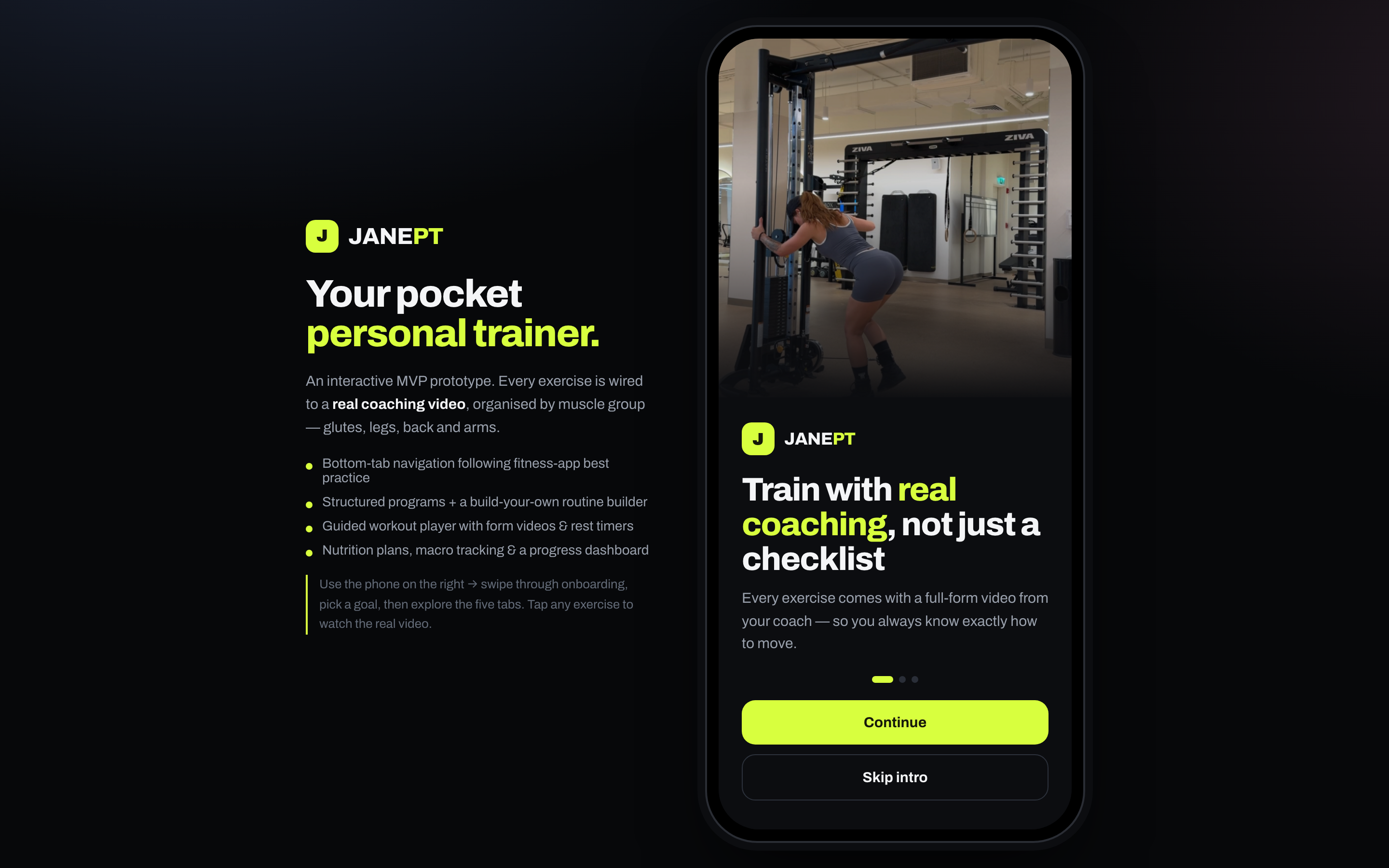 Jane PT — a mobile-first personal-training web app prototype with video-guided coaching.